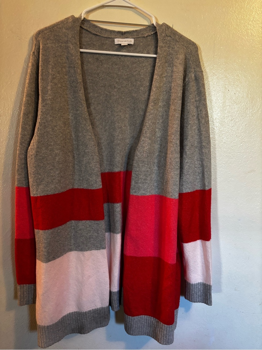 Charter Club Gray Red Pink Colorblock Open-Front Cardigan